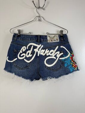 Ed Hardy flamingo
 skull, logo back denim jean shorts, cut offs, daisy dukes. 25